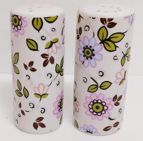 Paradise - Juego de salero y pimentero redondo de porcelana azul y rosa con detalles de mica plateada, macetas florales sin costuras, decoradas a mano