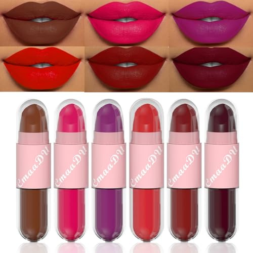 Holzsammlung 6Pcs Matte Liquid Lipstick Makeup Set, 2 IN 1 Pink and Red Dark Ruby Rose Red Hot pink Purple Brown Matte Vegan Long-Lasting Wear Non-Stick Cup Not Fade Waterproof Lip Gloss#02