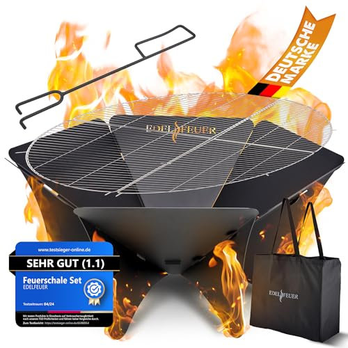 EDELFEUER Braciere pieghevole + griglia – facile da montare – Ø 80 cm [ultra stabile] braciere per giardino, campeggio, viaggi, attività all'aperto – ora guarda le immagini