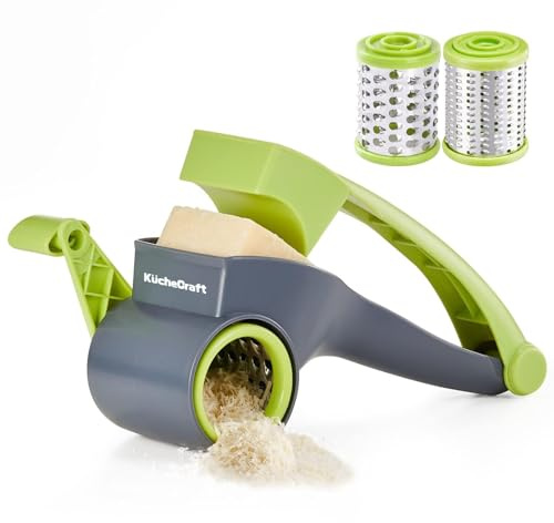 KucheCraft Cheese Grater hand crank, Kitchen Parmesan Cheese Grater with 2 Stainless Steel Drums, Rotary Cheese Graters Handheld for Grating and Shredding Hard Cheese, Chocolate