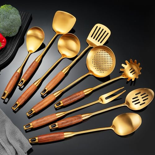 NIITAWH Gold Kitchen Utensils Set, 9 PCS 18/10 Stainless Steel Cooking tools Wood Handle, Solid and Slotted Spoon, Fork, Spatula, Ladle, Skimmer, Slotted Tunner, Spaghetti and Large Spoon