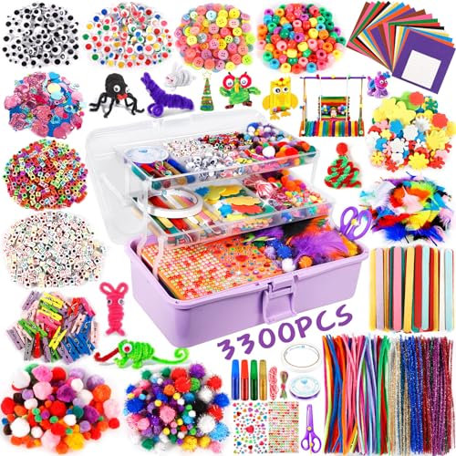 Purpledi 3300+ Stück Bastelsets für Kinder Bastelmaterial in Bastelkoffer, DIY Bastelzubehör Bastelbedarf Material Set, Basteln Geschenk für Geburtstag,Weihnachten, Bastelset Kinder ab 3 4 5 6 7 Jahre