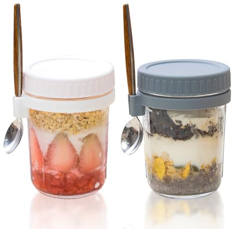 La Llareta 2 st 350 ml mätmärken frukostburk, övernattning havre förvaringsburkar återanvändbar, frukostgrytor med lock för förvaring, för mjölk, flingor, frukt, med sked, vit och grå