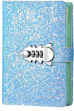 TopHomer A6 Journal with Lock, Refillable Binder PU Leather Diary Password Notebook with Pen Holders and Card Slots, Code Lock Diary for Men Women, Glitter Blue