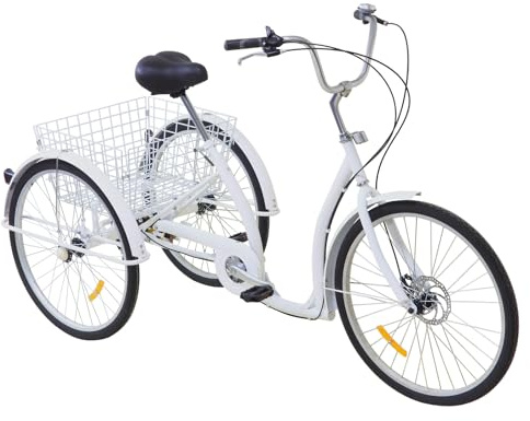 Fyssnn 26 Zoll Dreirad Für Erwachsene Cityräder 6-Gang Dreirädriges Fahrrad mit Rahmen Höhenverstellbar Dreiräder Geeignet für Städte Strände Radwege und alle Arten von Straßen (Weiß)