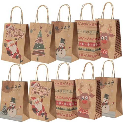 OWill 10 st jul små presentpåsar, 5 stilar julklappar med handtag, julfest papperspåsar för presenter, julfest – 150 × 80 × 210 mm