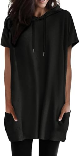 Tee Shirt Long Femme Sweat a Capuche Femme Hoodie T-Shirt Top Haut avec Poche Ourlet Ample à Manches Courtes Et Col Rond Tshirt en Coton D'été Oversize Basique Top Élégant Tunique Haut