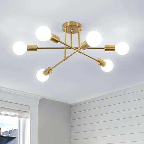 Comely Lustre Plafonnier Industriel, 6 Lumières E27 Lampe de Plafond Vintage en Metal, Plafonnier Sputnik Doré Retro pour Salon Cuisine Salle à Manger Chambre, Diamètre 52 CM