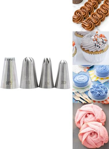 1M 2D 1B 9FT Large Icing Piping Nozzles Set for Cupcake Cake Decorating,Open Star & Closed Star Piping Tips,4 Pcs