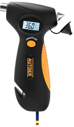 AUTDER Manomètre de Pression des Pneus Numérique 5-en-1 avec Lampe de Travail LED, Marteau de Secours, Coupe-Ceinture, Jauge de Profondeur de Bande de Roulement et Écran LCD Rétroéclairé - Portable