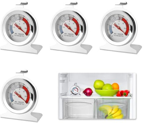 4 Piezas Termómetro para Congelador Nevera, Interior de Frigorifico, Acero Inoxidable Rango de Temperatura -30 a 30°C (-20 a 80°F) con Gancho para Colgar y Base Ancha, Ideal para Hogar Restaurantes