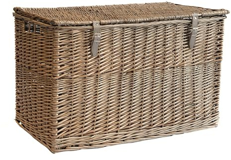 Arthur Cameron - Lightweight Wicker Storage Trunk, Storage Box with Lid & Leather Straps - Woven Chest, Basket, Large Wicker Basket with Lid (Antique Wash, Medium)