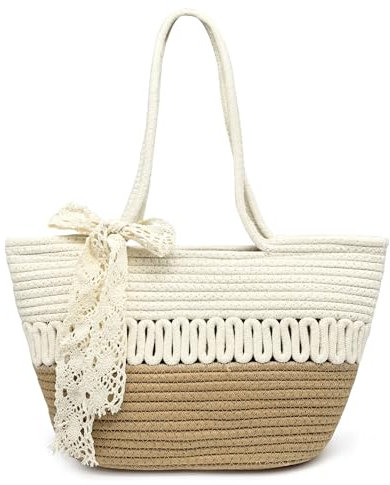 Pahajim Tote Bag Handtasche Geflochten Damen Shopper Tasche Umhängetasche mit Reißverschluss Korbtasche aus Baumwollseil