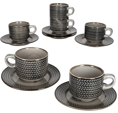 MÄSER Prospero Kaffeetassen mit Untertassen für 6 Personen I braunes Porzellan-Set mit Relief für Frühstück & Kaffee I Je 6X Teetassen 190ml & Untertassen