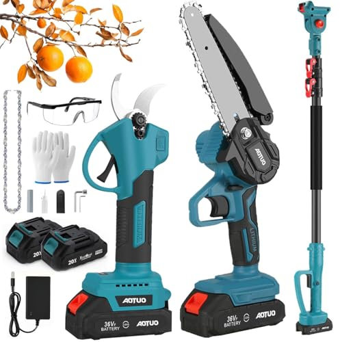 3 en 1 electrique sans fil secateur professionnel, 600W batterie sécateur telescopique electrique avec 1.25-2.2m perche telescopique, 2 Batteries 3.0Ah, coupe branche avec Lames SK5