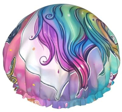 Regenbogen-Einhorn-bedruckte Duschhaube, wasserdichte Duschhaube für Frauen, wiederverwendbare Duschhut, Badekappen mit Gummiband