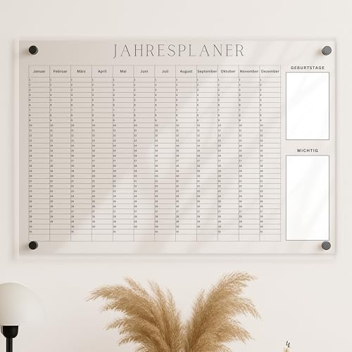 EmiliaLotte Personalisierter Familienplaner aus hochwertigem Acryl I Abwischbarer Wand Kalender für die ganze Familie I Wiederverwendbarer Jahresplaner mit Einkaufsliste, Menüplan & Mehr - Notizen
