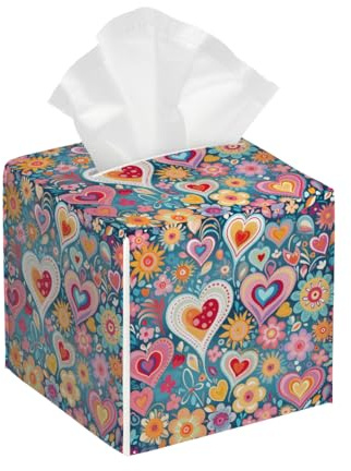 Myfsucce Ethnic Love Heart Flower Square Leather Tissue Box Cover Holder - Waterproof PVC Decorative for Bathroom, Living Room & Bedroom