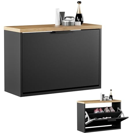Planetmöbel Schuhschrank schmal mit 1 Klappe platzsparender | Schuhregal, 2 Ablagen, Schuhkommode für Diele, Flur, Garderobe 60 x 23 x 42,5 cm, schwarz