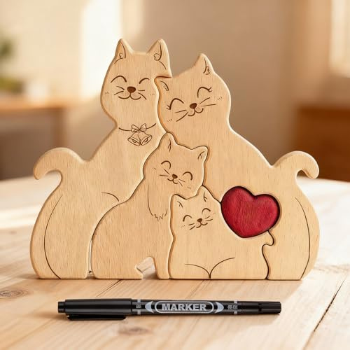 Holzkunstpuzzle der Katzenfamilie Familienpuzzle Katzen aus Holz Personalisiertes Holzkunstpuzzle Holz Katze Skulpturen Desktop Holzpuzzle für Mama, Papa (Katzenfamilie 4)