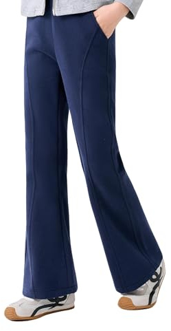 Hoseay Joggingbyxor för flickor utsvängda hög midja mjuk bomull sportbyxor med fickor barn andningsbara solid bell bottom träningsbyxor casual skola bootcut byxor för barn tonåringar 7-14 år, BLÅ, 12