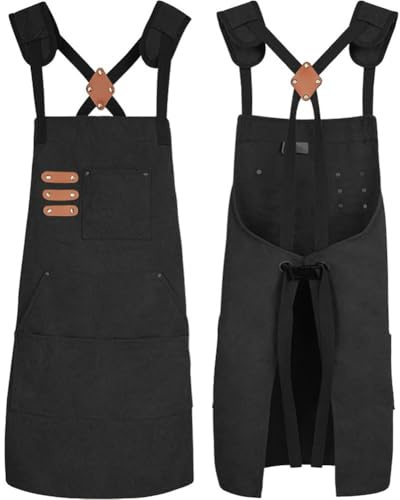 Thick Canvas Apron for Men and Women Heavy Duty Work Apron with Adjustable X-Back Straps Double Stitched for Gardening Carpentry Café DIY Projects