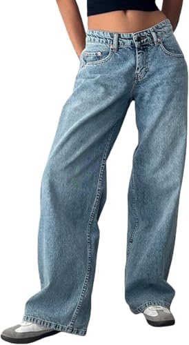 Blue Y2k Jeans UK,Women's Baggy Jeans Low Rise Straight Wide Leg for Women Y2K Long Pants Casual Loose Comfotable Dressy Fashion Vintage Wash Plus-Size Denim Pant Boyfriend Jean Pockets