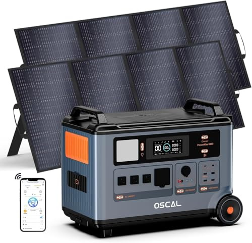 OSCAL PowerMax 6000W Generador Solar Portatil con 2 Panel 400W, 3600Wh LFP Batería, Ampliable hasta 57.6kWh, Carga Rápida 1.2h, 14 Puertos, Estación de Energía para Hogar Emergencia, Camping, Caravana