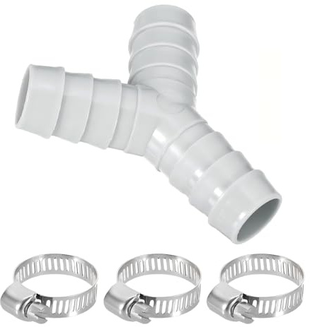 1PCS Washing Machine Waste Pipe Splitter - 2 Way Y Drain Hose Connector - Plastic Waste Pipe Adapter with 3 Hose Clamps - Fit 16–27mm Hoses - Grey