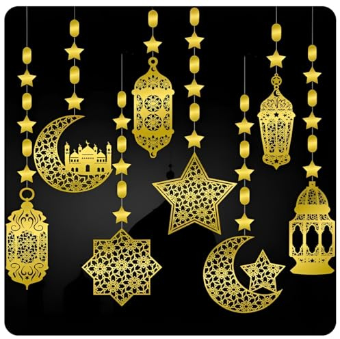 DOVBAN 8 Stück Ramadan Deko Eid Girlande Dekoration,Ramadan Mubarak Banner Gold Stern Mond,Deko für Eid Festival Party Dekoration
