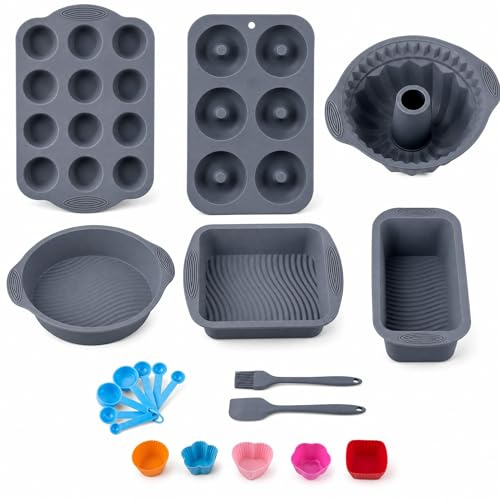 34PCS Silicone Bakeware Set, Non-Stick Baking Kit with Cake Pan, Muffin Tray, Bread Loaf Tin, Measuring Cups & Spoons, Baking Accessories for Cakes, Bread, Muffins and Desserts