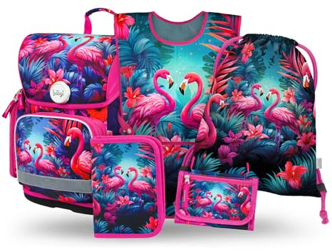 Baagl Schulranzen Mädchen Set 5 Teilig Grundschule Ranzen 19 l - Flamingo | Ergonomischer Schulrucksack und Schulset bietet eine Schultasche für die 1. Klasse, ein Mäppchen sowie einen Turnbeutel.