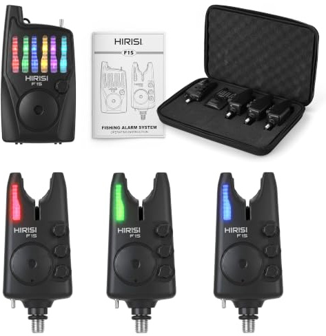 Hirisi Tackle Karpfenangeln Bissanzeiger Set mit Fernbedienung (Funkempfänger), 6 Farben einstellbar, Nachtlicht, Einstellbarer Empfindlichkeit, Lautstärke und Ton, – Bissanzeiger Angeln