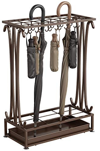 AcornFort U-22 Extra Large Metal Bronze 21 Agujeros Estilo Rectángulo Paragüero Soporte de Bastón con 24 Ganchos y un Fondo Libre de Agua de Lluvia Bandeja de Fuga 70 * 50 * 24 CM