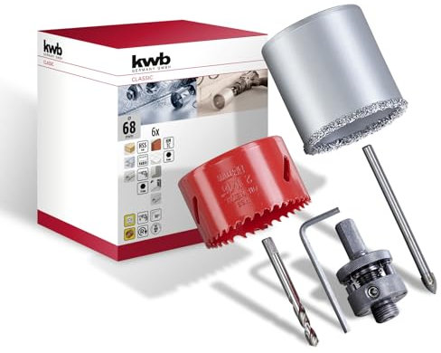 kwb 6-tlg. Lochsägen Satz Ø 68 mm mit guter Schnittleistung, hoher Lebensdauer, 68 mm Standardmaß und Zentrierbohrern für Steckdosenarbeiten