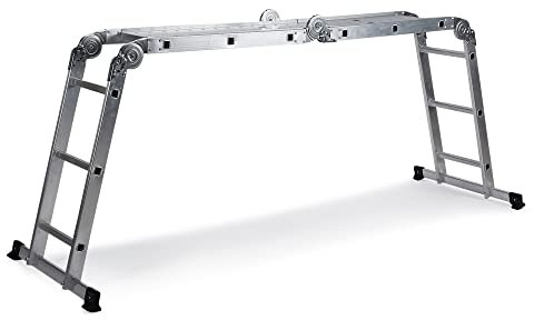 hjh OFFICE 801202 Scala multiuso 12 gradini con 2 piastre da ponteggio SOLID W3 Scala articolata in alluminio da 345 cm, portata fino a 150 kg, argento