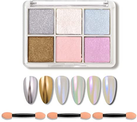 Chrome Nail Powder,6 Color Shiny Mermaid Neon Nail Glitters Powder Gel Polish Metallic Nail Art Pigment Powder Set with Nail Sponge Brushes for Nail Art Decoration (F)