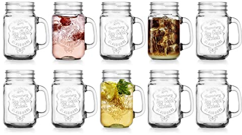Glaver's Set of 10 Ice Cold 16 Oz. Mason Drinking Glasses With Handles. Quality Refreshing Ice Cold Embossed Logo Jars for Beverages, Cocktails, Shakes, Smoothies, Sodas, Juice.
