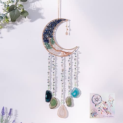Agate Moon Dream Catchers with Crystal Life Tree Gemstone Dream Catchers Natural Gem Agate Wall Hangings Room Garden Dreamcatchers Decor (Colorful)