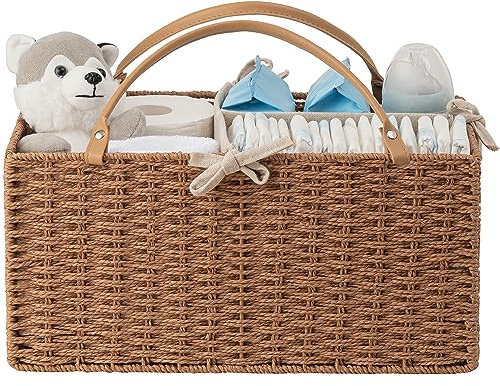 HBlife Large Baby Diaper Caddy Organizer, Paper Rope Storage Baskets Nursery Bin with Removable Divider, Portable Car Organizer for Diapers, Baby Shower Gifts, Newborn Essentials Must Haves