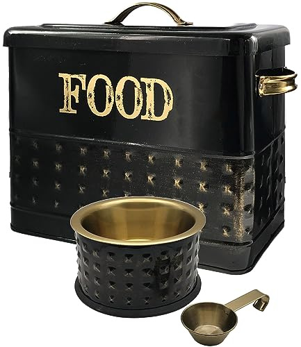 Nobel Vintage Antique Style Black DOG Food Tin with Stainless steel Golden FOOD Bowl on Black Holder & Brass painted Scoop, Ideal DOG CATS AND PETS, STORAGE AND FEED BOWL Gift for any Pet Owners