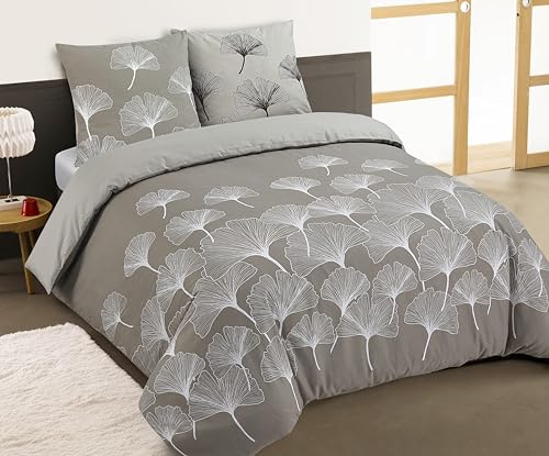 Vision - vändbar flanell sängkläder - Ginko Beige - påslakan 260 x 240 cm med 2 matchande örngott 65 x 65 cm för 2 personer king size-säng - flanell: Mjukt och varmt - Oekotex