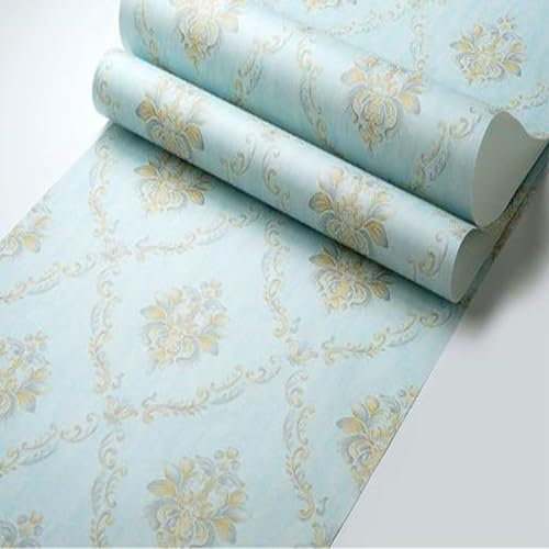 Nicht selbstklebende moderne Retro-3D-Stereo-Tapete, warm, für Schlafzimmer, Wohnzimmer, 0,53 x 9 m, Damast-Vliestapete (0,53 x 9 m, Hellblau)