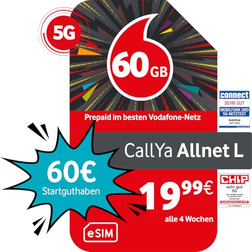 Vodafone Prepaid CallYa Allnet L | 60 GB | Åtgärd: 60 istället för 20 EUR Startkredit | utan kontrakt | 5G-nät | Telefon SMS-Flat | EU-roaming
