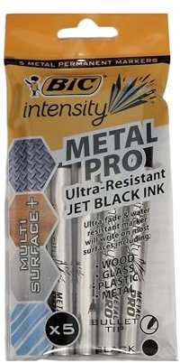 Bic Intensity Metal PRO Permanent Marker Ultra-Resistant Jet, Multi Surface, Fine Point, Black Ink, Bullet Point Pens For Wood, Glass, Plastic & Metal (5 PK)