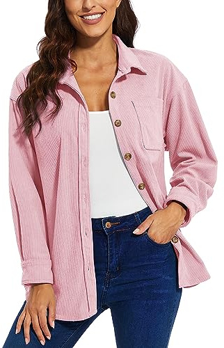 TACVASEN Womens Shacket Fashion Corduroy Shirt Casual Work Jacket Long Sleeve Blouses with Pocket for Ladies Tops Light Pink,L