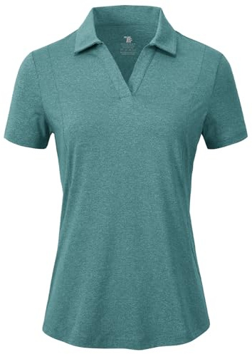 BGOWATU Women's Short Sleeve Golf Tennis Polo Shirts V Neck Collared Workout Tops UV Protection Dry Fit for Summer Gray Green M