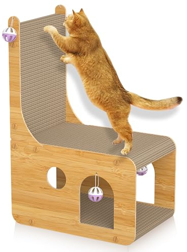 AEESRRU Niche pour chat en carton ondulé - Lit d'intérieur - Carton à gratter en forme de L - Planche à gratter ondulée à 2 couches - Avec balles de jeu - 65 x 40 x 23 cm (mz-01)