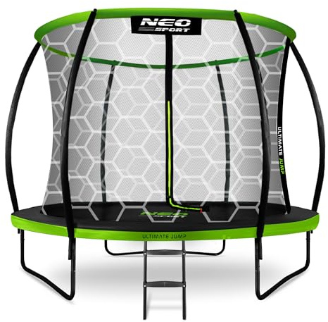 Neo-Sport Trampolino da giardino per bambini, rete di sicurezza interna, aste imbottite, resistente alle intemperie, antiruggine, portata fino a 100 kg, verde, nero, 252 cm