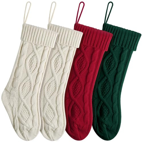 LEACOOLKEY 4 Pack Christmas Stockings 18 Inch Large Size Cable Knitted Stocking Xmas Hanging Stocking for Fireplace Mantel